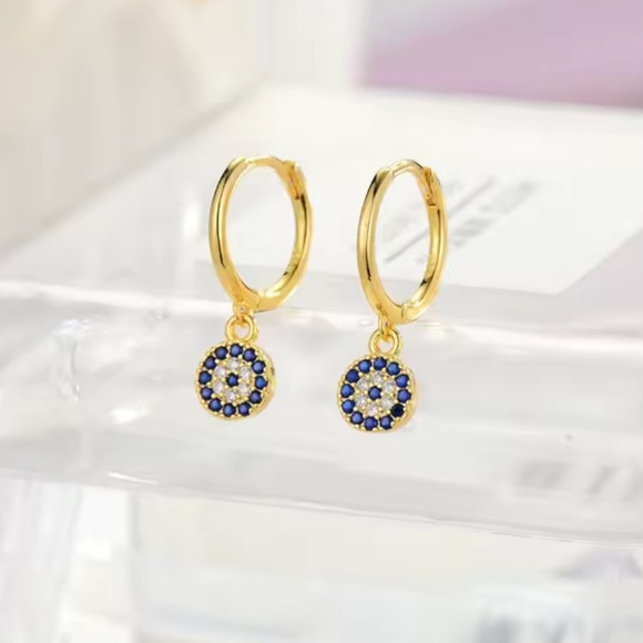 925 sterling Silver Evil Eye Dazzling Blue and Gold Crystal Earrings - Picture 2 of 8